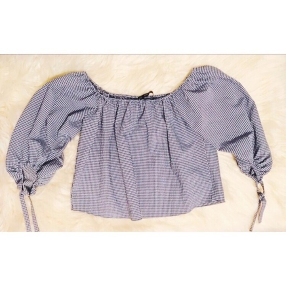 🧺Zara Gingham Blue White Seersucker Off Shoulder - Picture 5 of 8